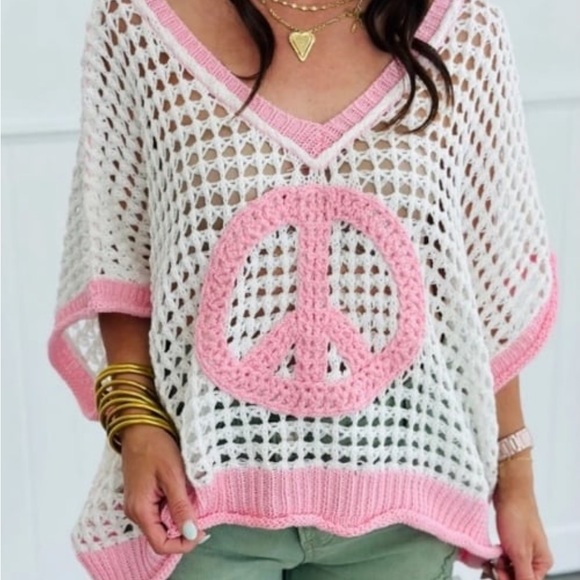 NWOT POL Open Crochet Oversized Peace Sign Sweater in white and pink L - Picture 12 of 12